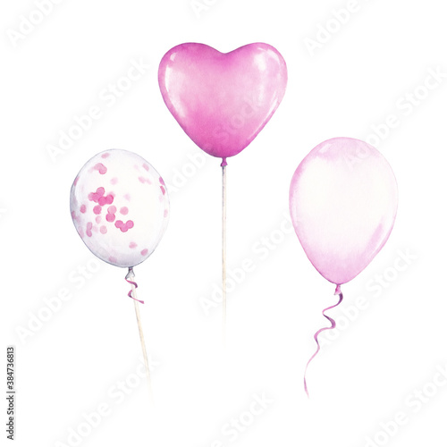 Watercolor air balloons. Hand painted set of pink balloons isolated on white background. Greeting decor