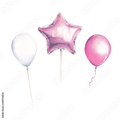 Watercolor air balloons. Watercolor set of pink and white balloons isolated on white background. Greeting decor