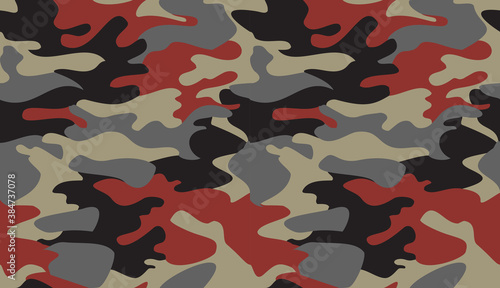 Seamless camouflage pattern background vector. Classic clothing style masking camo repeat print. Red black grey colors texture design for virtual background, online conference, online transmission