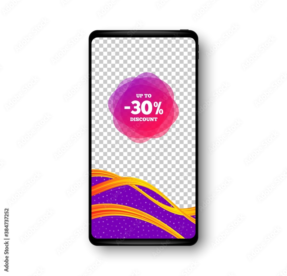 Up to 30% discount off banner. Phone mockup vector banner. Sale sticker shape. Coupon label icon. Social story post template. Sale 30% badge. Cell phone frame. Liquid modern background. Vector