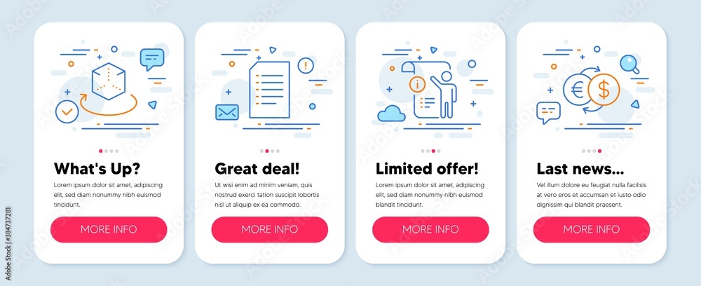 Set of Business icons, such as Manual doc, Document, Augmented reality symbols. Mobile screen mockup banners. Money exchange line icons. Project info, Information file, Virtual reality. Vector