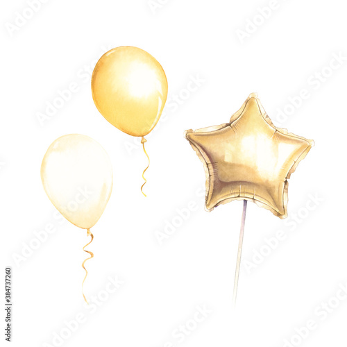 Watercolor air balloons. Watercolor set of yellow balloons isolated on white background. Greeting decor