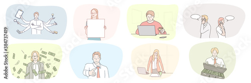 Success, business, meeting, greeting, profit, meditation, epayment, communication set concept. Collection businessmen women clerks managers working in office paying online and making deal illustration