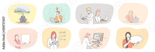 Success, business, meeting, partnership, brainstorming, meditation, communication, teamwork set. Collection businessmen women managers working together planning strategy or checklist practicing yoga.