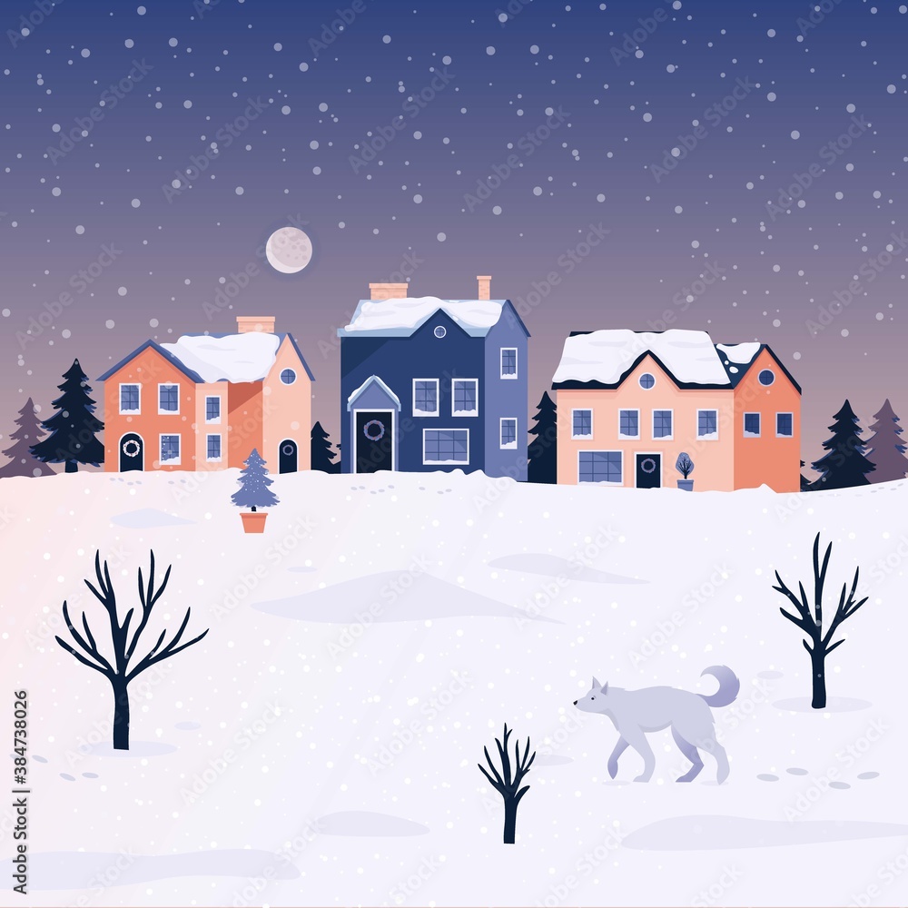 Winter Christmas Landscape Vector Background with house, dog, snow.