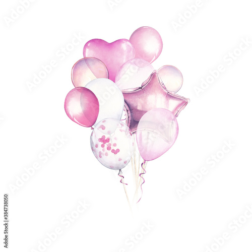 Composition watercolor air balloons. Watercolor set of pink and white balloons isolated on white background