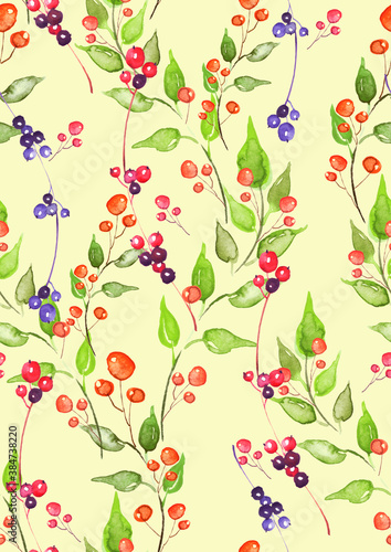 Watercolor seamless pattern. Branch with berry Watercolor background, drawing with autumn leaves, plants, berries, branches of linden, aspen.A branch of lingonberry, viburnum, mountain ash.