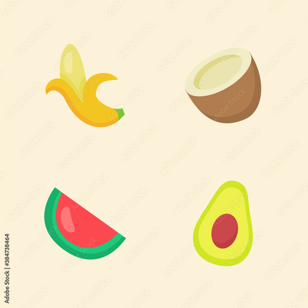Fruit icon set collection banana coconut water melon avocado white isolated background with color flat cartoon style