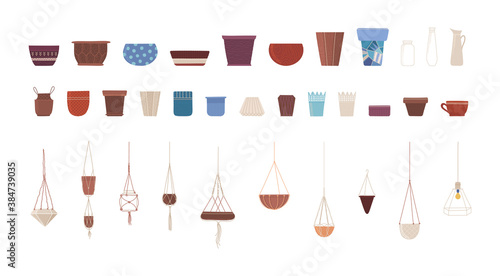 Ceramic pots flat vector illustrations set. Clay flowerpots and glass vases, interior design elements pack. Crockery, hanging and floor houseplant pots collection isolated on white background