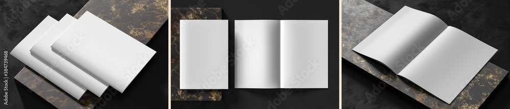 Realistic magazine or catalog mock up on dark granite background. Blank soft cover magazine mockups rendered with three different variations. 3D illustration. Realistic magazine or catalog mock up on dark granite background. Blank soft cover magazine mockups rendered with three different variations. 3D illustration.