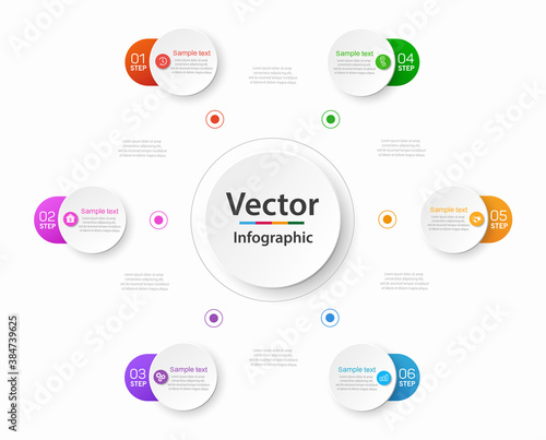 Modern vector  infographic template with 6 steps for business.  Can be used for workflow layout, diagram, annual report, web design. Concept element with 6 options or processes  