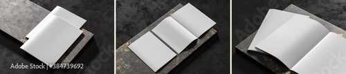 Realistic magazine or catalog mock up on dark granite background. Blank soft cover magazine mockups rendered with three different variations. 3D illustration.