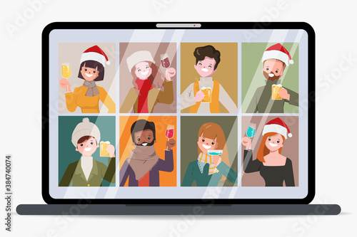 Group of people video call conference on christmas.