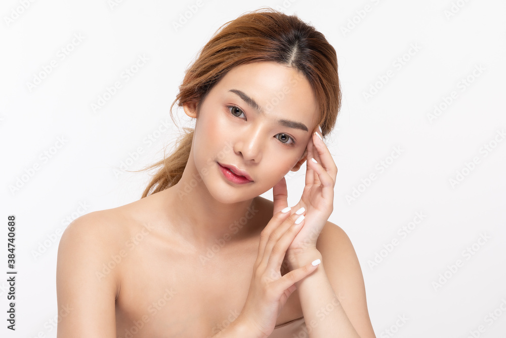 Young Beautiful Asian woman smile holding hands with clean and fresh skin Happiness and cheerful with positive emotional,isolated on white background,Beauty Cosmetics and spa Treatment Concept