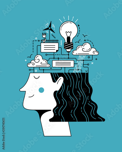 Happy lady head full of different connected operating parts and chats and clouds as illustration of mental process operations and health on turquoise background