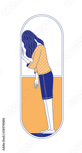 Picture of upset brunette woman character inside large pill on white background as illustration of mental disorder psychotherapy concept and drug addiction