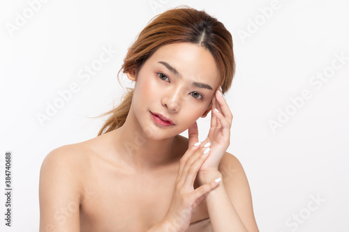 Young Beautiful Asian woman smile holding hands with clean and fresh skin Happiness and cheerful with positive emotional isolated on white background Beauty Cosmetics and spa Treatment Concept