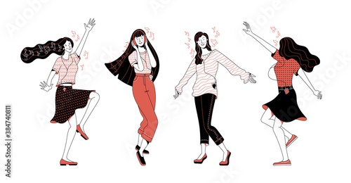 Collection of joyful young blonde and brunette women characters dancing at party and music notes on white background as hedonism and freedom concept