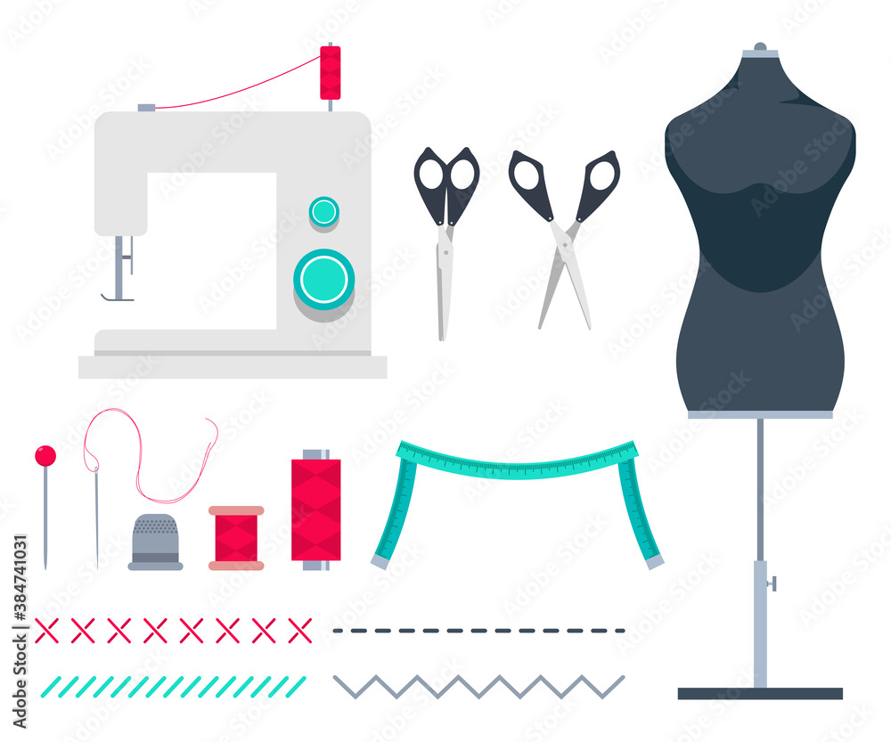Sewing accessories and tools vector cartoon set isolated on a white background.