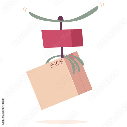 Drone delivery with cardboard box vector cartoon illustration isolated on a white background.