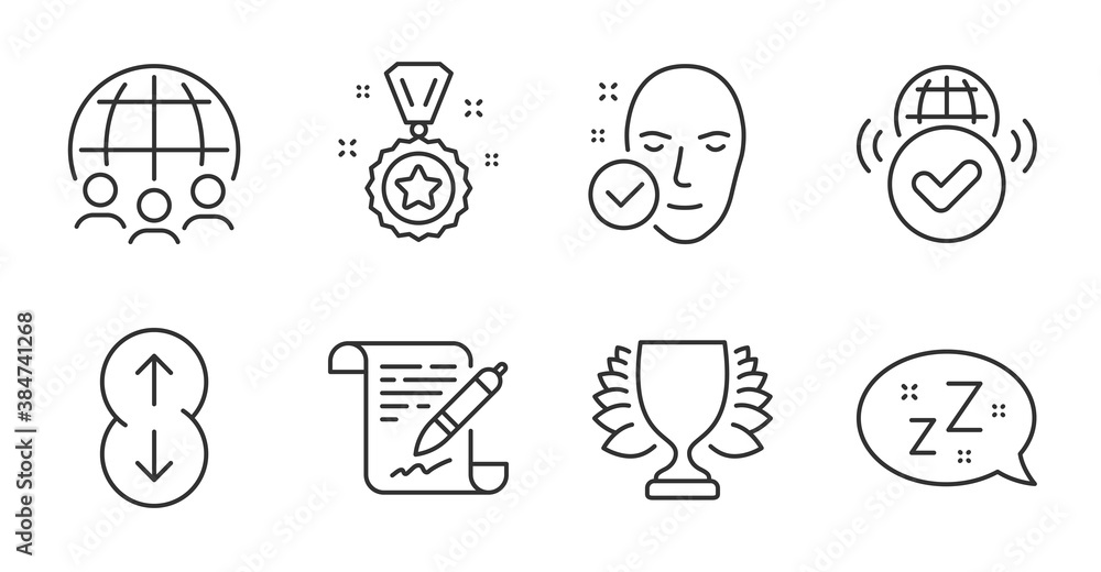 Global business, Health skin and Winner reward line icons set. Sleep, Agreement document and Verified internet signs. Winner, Scroll down symbols. Outsourcing, Clean face, Best award. Vector