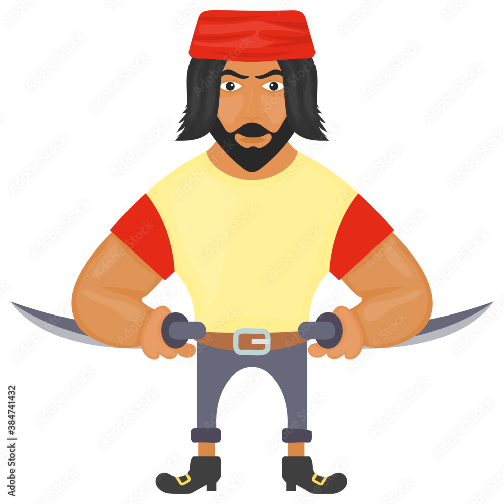 
A captain pirate with knife in hand giving terrifying look 
