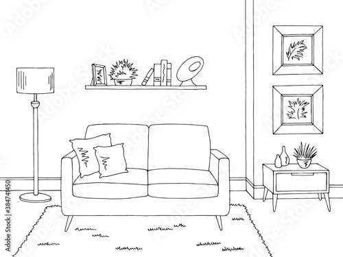 Living room graphic black white home interior sketch illustration vector