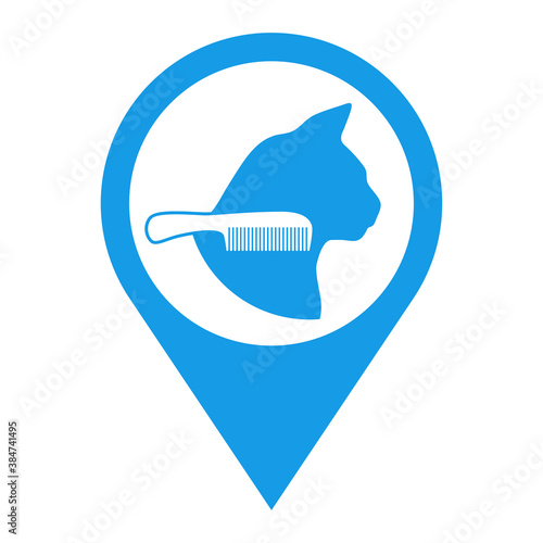 Salón de belleza para mascotas. Logotipo cabeza de gato con cepillo del pelo en puntero color azul photo