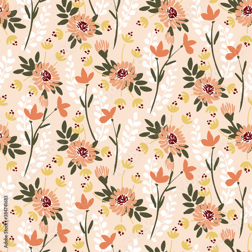 Warm autumn bouquet seamless vector pattern. A collection of wild flowers autumn colors. Peach, orange, yellow and green on pink. Great for home décor, fabric, wallpaper, stationery, design projects.