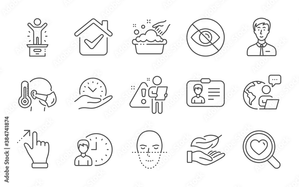 Hand washing, Safe time and Businessman person line icons set. Touchscreen gesture, Face recognition and Working hours signs. Winner podium, Not looking and Identification card symbols. Vector Hand washing, Safe time and Businessman person line icons set. Touchscreen gesture, Face recognition and Working hours signs. Winner podium, Not looking and Identification card symbols. Vector