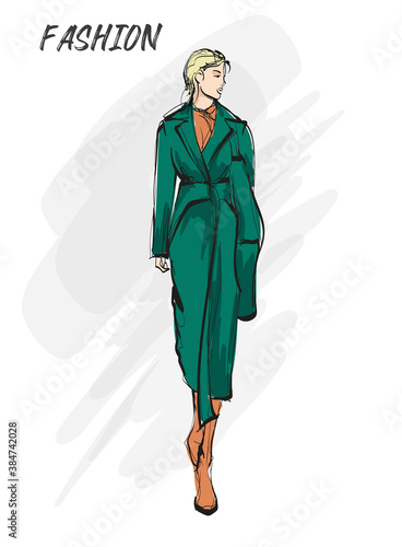 Beautiful young blonde hair woman in autumn coat. Hand drawn fashion girl. Fashion model posing. Sketch. Vector illustration. Fashion woman look. Sketch.