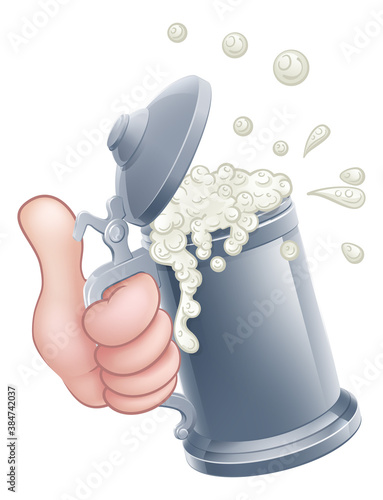 A cartoon beer stein pint tankard mug with drink spilling out being held by a hand