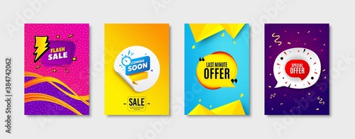 Flash sale, Coming soon and Last minute offer set. Sticker template layout. Special offer sign. Sale sticker, discount bubble, flash banner. Promotional discount tag set. Speech bubble banner. Vector