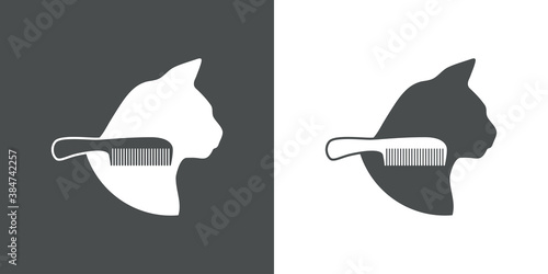 Salón de belleza para mascotas. Logotipo cabeza de gato con cepillo del pelo en fondo gris y fondo blanco