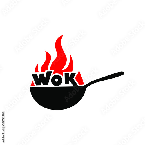 Wok frying pan icon. Vector illustration. Wok asian food logo for thai or chinese restaurant.