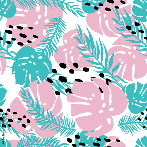 Vector seamless tropical pattern with tropic foliage  monstera leaf  palm leaves. Modern bright summer print design.