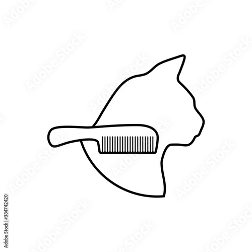 Salón de belleza para mascotas. Logotipo lineal cabeza de gato con cepillo del pelo en color negro