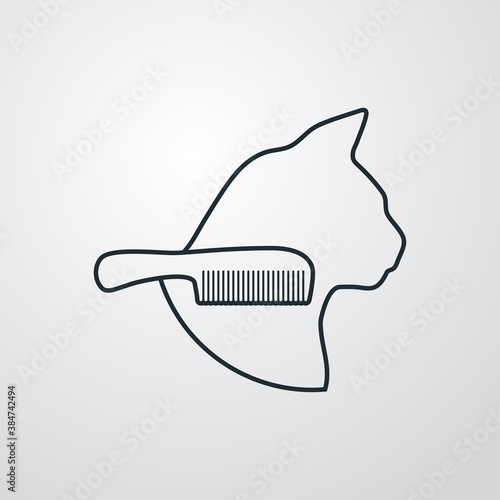 Salón de belleza para mascotas. Logotipo lineal cabeza de gato con cepillo del pelo en fondo gris