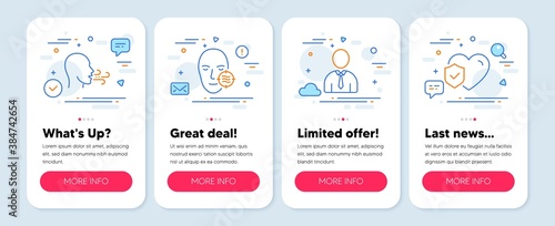 Set of People icons, such as Breathing exercise, Problem skin, Human symbols. Mobile screen app banners. Life insurance line icons. Breath, Facial care, Person profile. Risk coverage. Vector