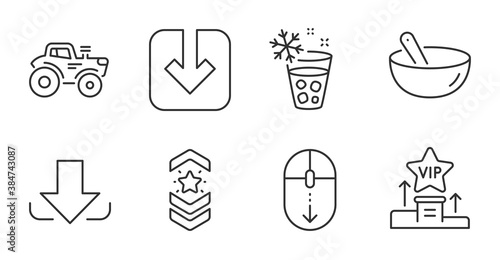 Ice maker, Shoulder strap and Cooking mix line icons set. Tractor, Scroll down and Download signs. Vip podium, Load document symbols. Glass with ice, Star rank, Bowl. Business set. Vector