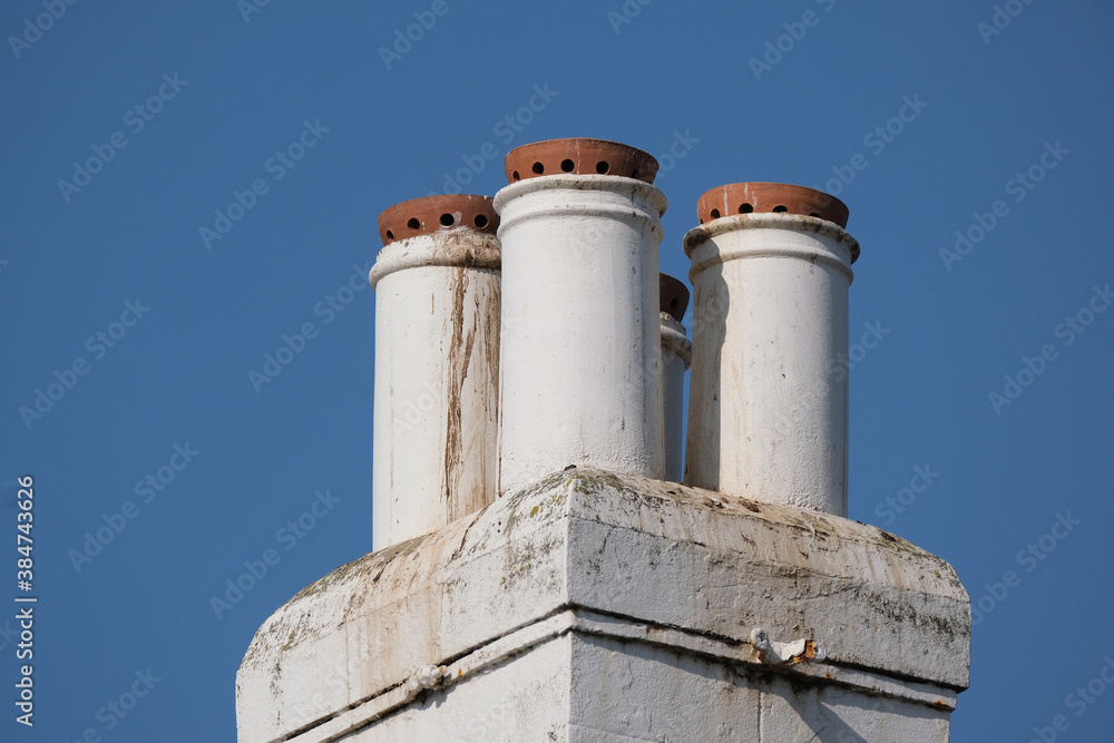 Chimney pots in coastal town with inserted devices to stop seabirds nesting.