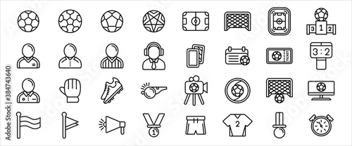 Simple Set of soccer sport Related Vector icon graphic design. Contains such Icons as referee, commentator, whistle, card, ticket, glove, shoes, uniform, medal, flag, schedule, speaker and score