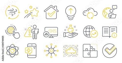 Set of Science icons, such as Report statistics, Medical phone, Multichannel symbols. Cloud system, Cloud sync, Atom signs. Chemistry lab, Wind energy, World statistics. Puzzle, Swipe up. Vector