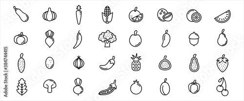 Simple Set of fruit and vegetable Related Vector icon graphic design. Contains such Icons as citrus, lemon, broccoli, tomato, pineapple, mushroom, strawberry, mango, lychee and more