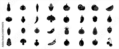 Simple Set of fruit and vegetable Related Vector icon graphic design. Contains such Icons as citrus, lemon, broccoli, tomato, pineapple, mushroom, strawberry, mango, lychee and more