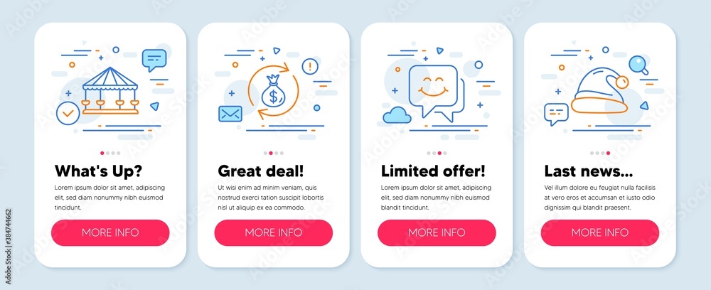 Set of Business icons, such as Money exchange, Carousels, Smile face symbols. Mobile app mockup banners. Santa hat line icons. Cash in bag, Attraction park, Chat. Christmas. Vector