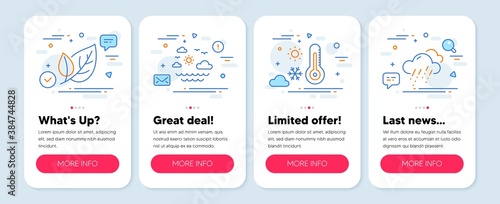 Set of Nature icons, such as Travel sea, Weather thermometer, Leaf symbols. Mobile app mockup banners. Rainy weather line icons. Summer holidays, Temperature, Ecology. Rain. Travel sea icons. Vector