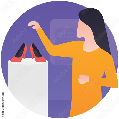 
Young woman in shoes store, shoes shopping icon 
