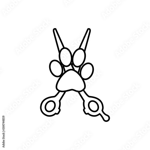 Peluquería de mascotas. Logotipo lineal con tijera de peluquero y zarpa de perro en color negro