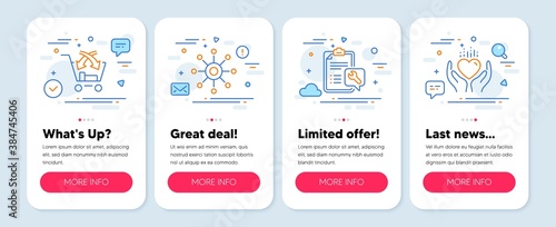 Set of line icons, such as Spanner, Multichannel, Cross sell symbols. Mobile screen app banners. Hold heart line icons. Repair service, Multitasking, Market retail. Care love. Spanner icons. Vector